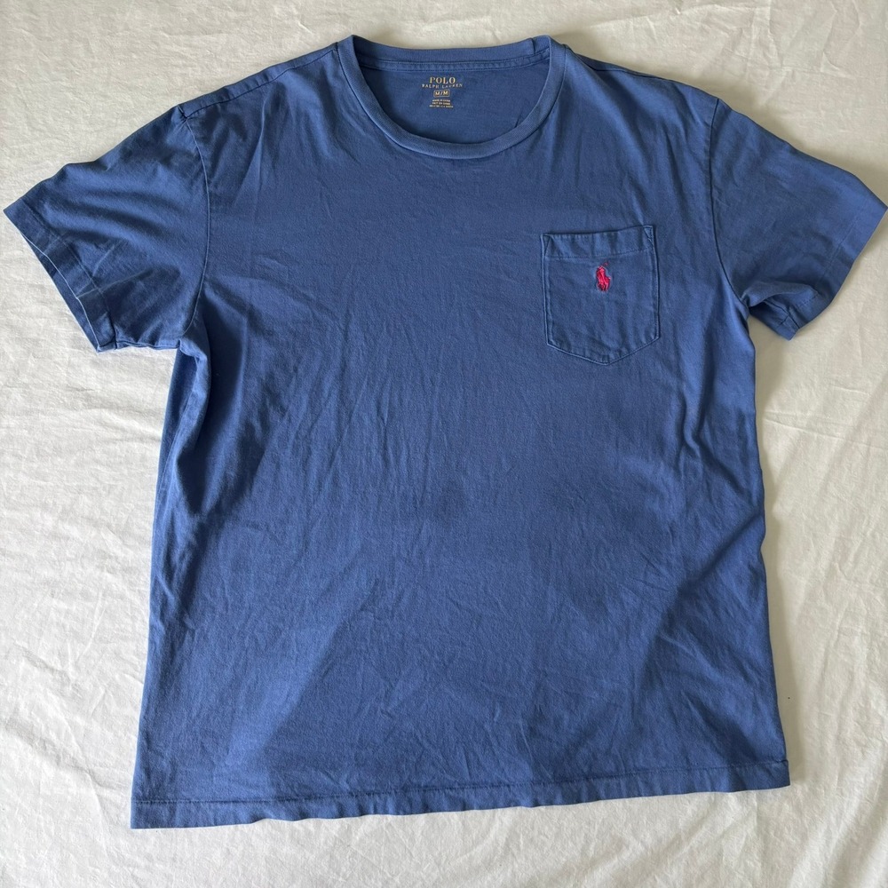 Polo Ralph Lauren Mens Blue Pocket T-Shirt Pink Pony Logo Cotton Crewneck Medium